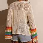 Women's Elegant Crochet Cardigan - Long Sleeve Open Front Vibrant Color Block Coat