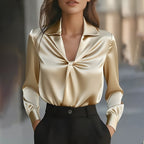 Women's Elegant Solid Color Satin Ruffle Blouse, V-Neck Long Sleeve Shirt For Daily Wear And Dates