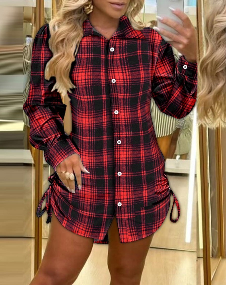 Two-side Drawstring Plaid Shirt Dress Women's Clothing