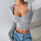 Women's Sunken Stripe Brushed T-shirt Short Midriff-baring Top