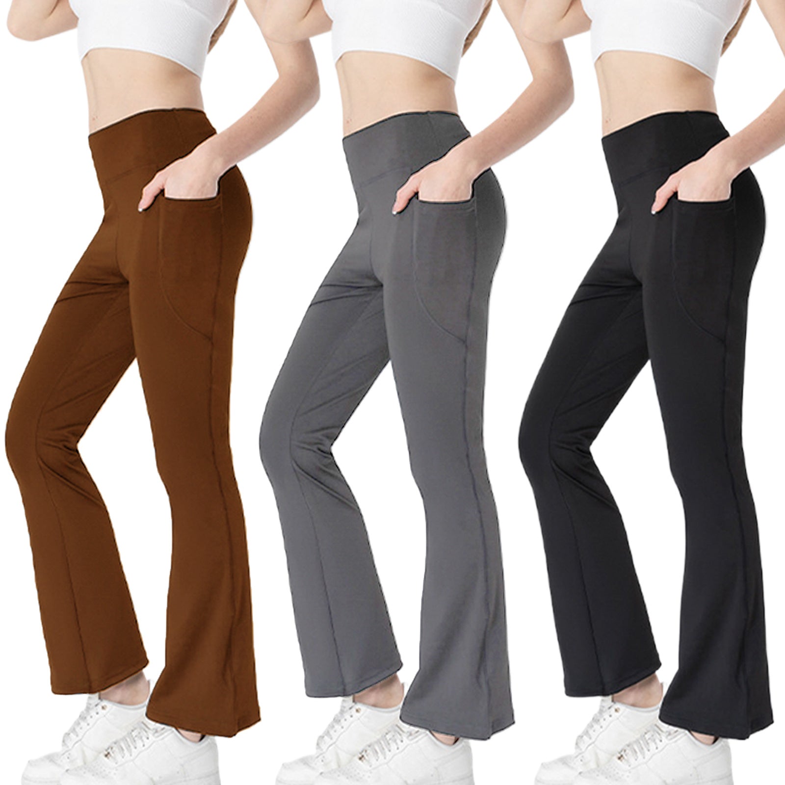 Ladies Mid Waist Abdominal-shaping Slimming Cropped Pants Casual Pocket Bootcut Trousers