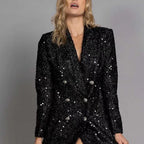 Fashion Ladies V-neck Double Breasted Black With Paillettes Slim Fit Long Shirt