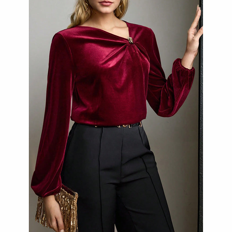 Women's Velvet Twist Knot Blouse, Asymmetric V-Neck Trendy Top