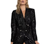 Fashion Ladies V-neck Double Breasted Black With Paillettes Slim Fit Long Shirt