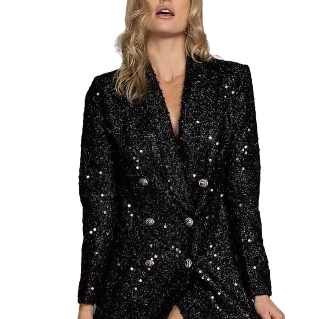Fashion Ladies V-neck Double Breasted Black With Paillettes Slim Fit Long Shirt