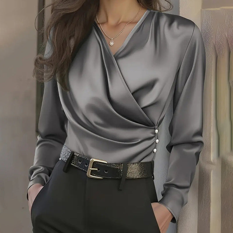 Women's Elegant Cross V-Neck Blouse, Ruffle Detail Button Accent Office Shirt For Casual Wear