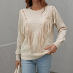 Women's Fringe Tassel Sweater - Casual Long Sleeve Crewneck Knit Pullover For Fall