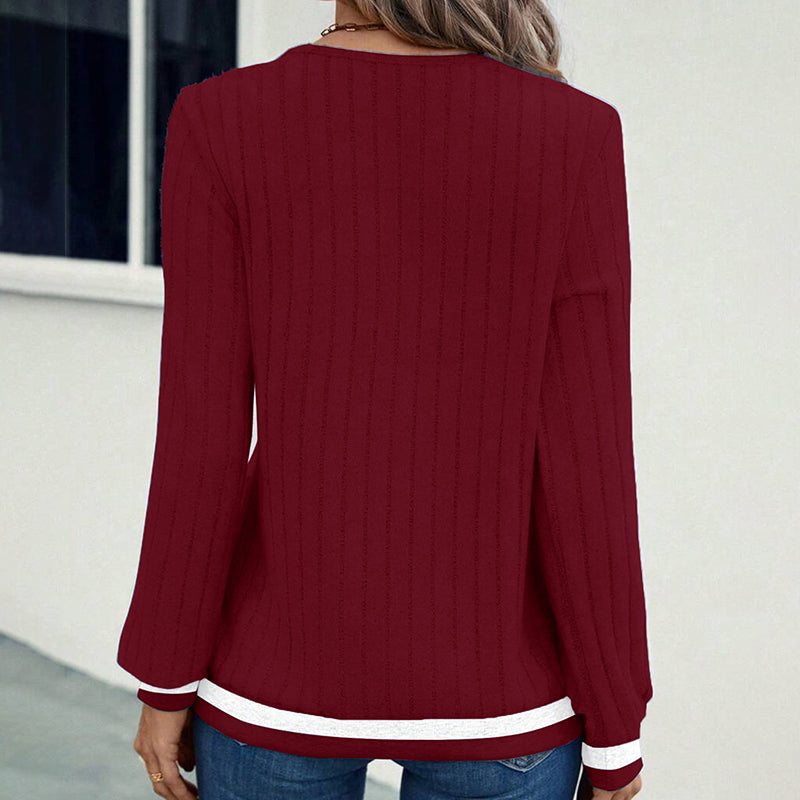 Women's Casual V-Neck Color-Block Top, Long Sleeve Comfortable Blouse For Everyday Autumn And Winter Wear