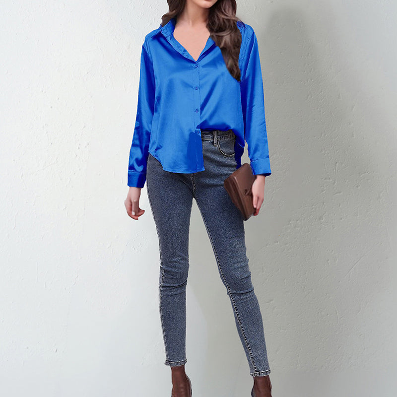 Women's Elegant Satin Lapel Shirt, Long Sleeve Button-Down Blouse For Casual And Office Wear