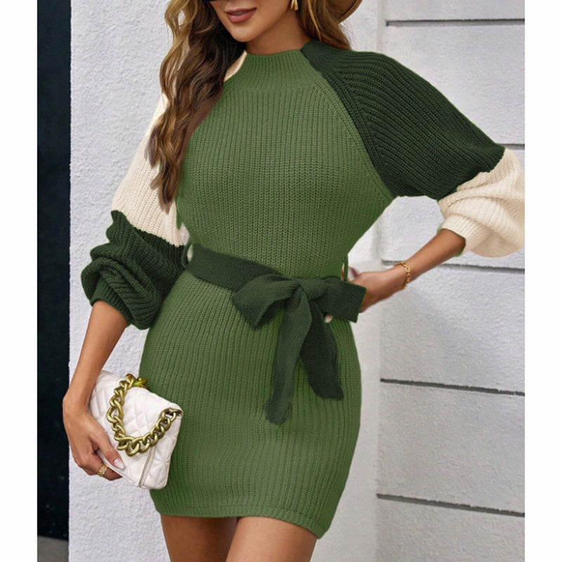 Women's Color Block Sweater Midi Dress - Fall Long Sleeve Bodycon Dress With Tie Waist