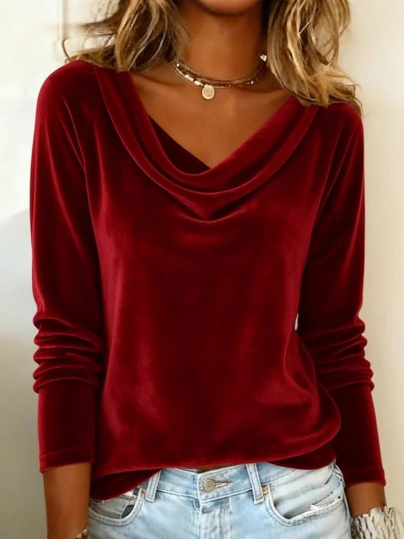 Fashion Women's Solid Color Draped Neck Long Sleeve Velvet T-shirt