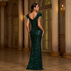 Round Neck Beads Banquet Sequined Slit Evening Dress Dress