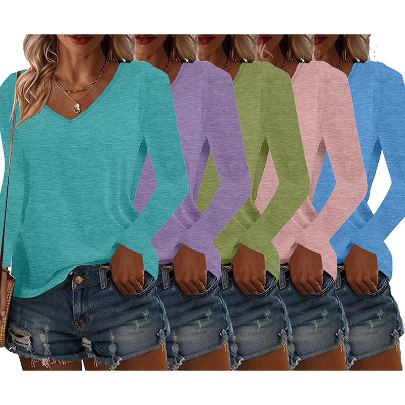 5 Pack Women's Long Sleeve T Shirts, Casual V Neck Tunic Tops Basic Loose Solid Blouses Outfit