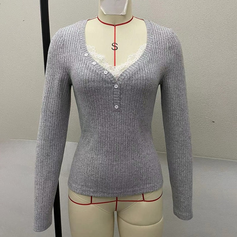 Women's Lace V-Neck Top, Long Sleeve Slim Fit Spring Fall Shirt