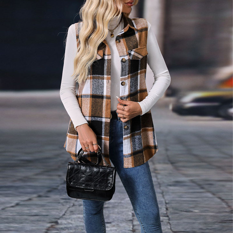 Women's Plaid Print Vest With Lapel Collar Long Sleeveless Button Front Mid-Length Jacket For Spring And Fall Layering
