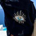 Women's Oversized Button-Down Shirt With Sparkling Eye Print On Back Long Sleeve Blouse For Spring And Fall