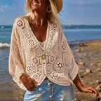 Women's V-Neck Button-Up Lace Cardigan Semi-Sheer Geometric Pattern Mid-Long Sleeve Lightweight Beach Spring&Summer Fashion