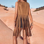 Women's Solid Color Elegant Western Fringe Vest - Round Neck Side Slit Hem With Boho Tassel Details