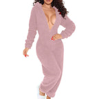 Women's Solid Color Plush Hooded Tracksuit Set Zip-Up Long Sleeve Top And Pants For Winter Loungewear
