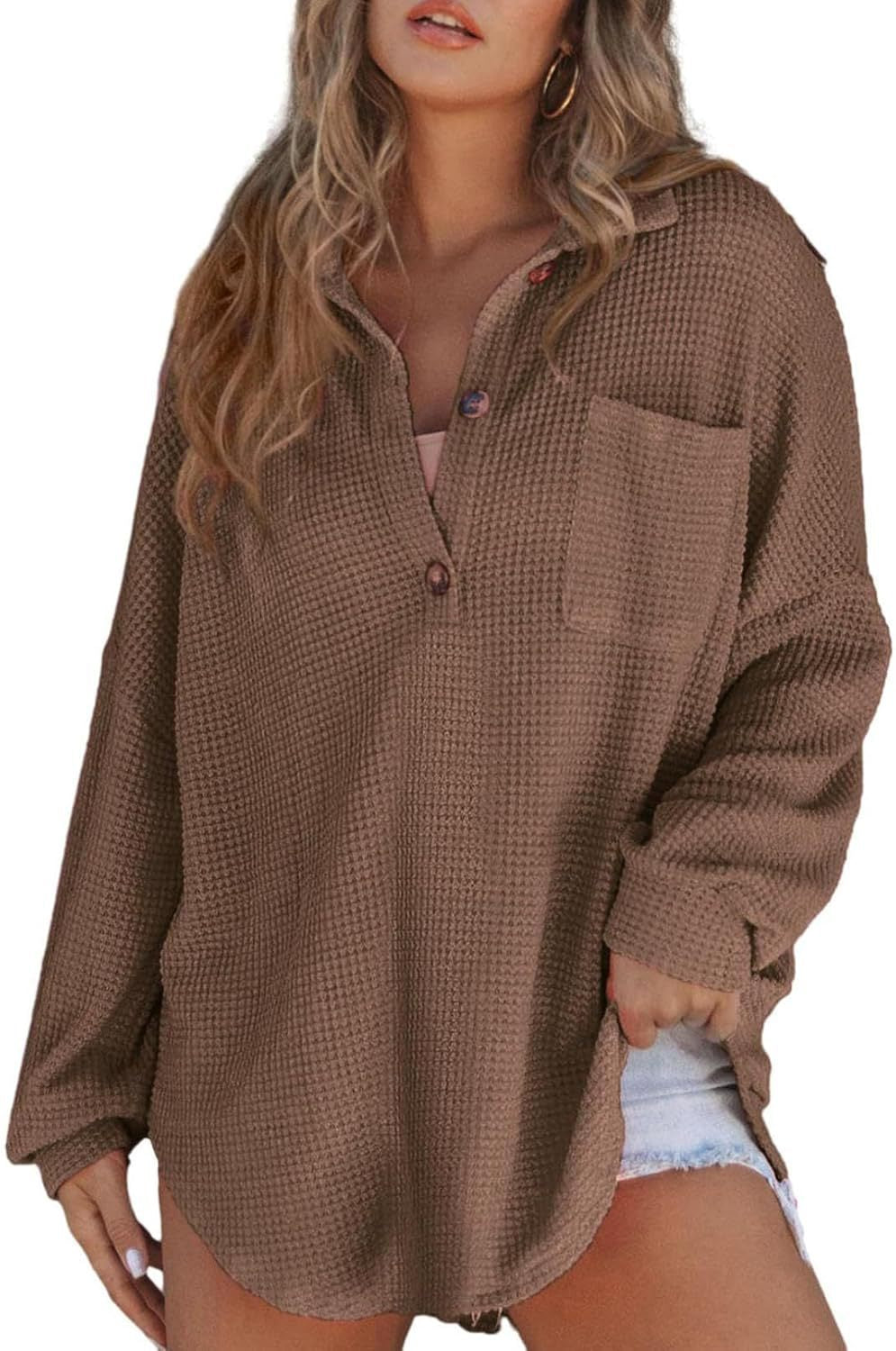 Women's Waffle Knit Loose Long Sleeve Top