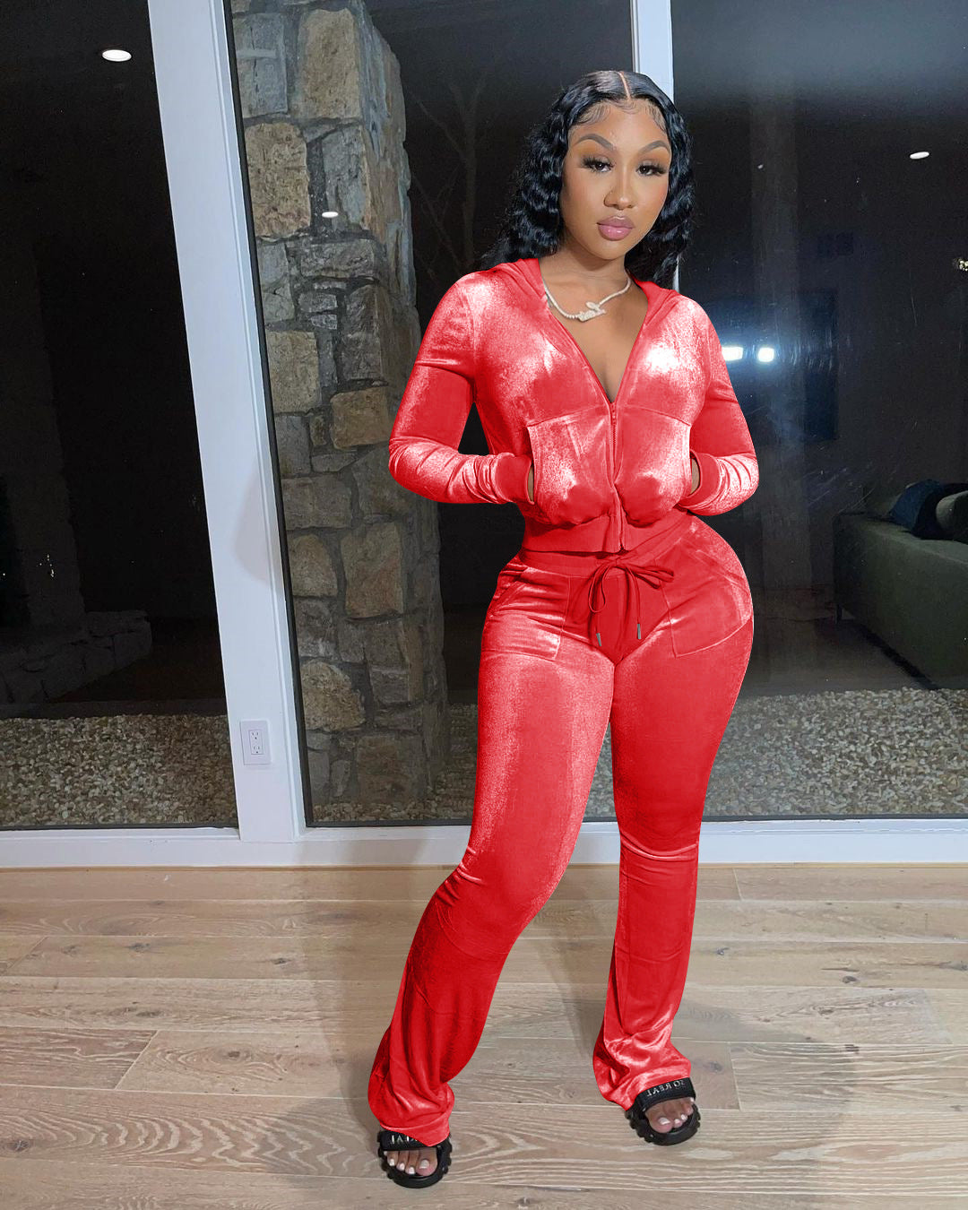 Gold Velvet Pocket Hooded Zip Sweatshirt Wide Leg Pants