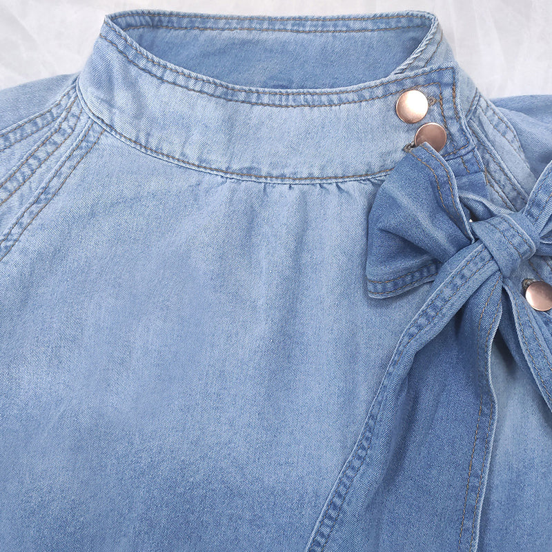 Women's Denim Puff Sleeve Top Solid Color Stand Collar Blouse With Bow Detail For Spring And Fall