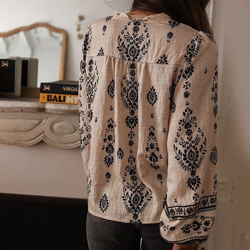 Women's Elegant Printed Blouse - Flowy Boho Shirt With Lantern Sleeves & Lace Trim, Vintage Ethnic Style Loose Top For Spring&Fall