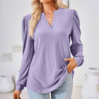 Women's Puff Sleeve V-Neck Blouse, Loose Long Sleeve Casual Work Top