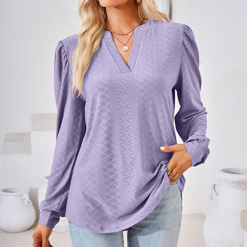Women's Puff Sleeve V-Neck Blouse, Loose Long Sleeve Casual Work Top