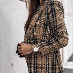 Women's Elegant Checkered Long Sleeve Blazer - Double-Breasted Printed Trench Coat For Fall&Winter, Office & Casual Jacket