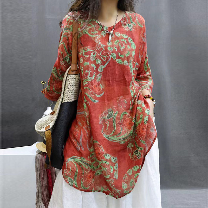 Women's Soft Printed Mid-Sleeve Top Casual Round Neck Tunic For Spring And Summer