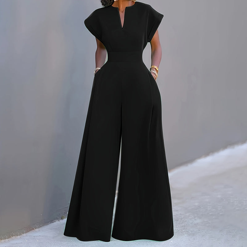 Women's V-Neck Solid Color Short Sleeve Jumpsuit Wide Leg A-Line Waist Tied Casual Summer Outfit