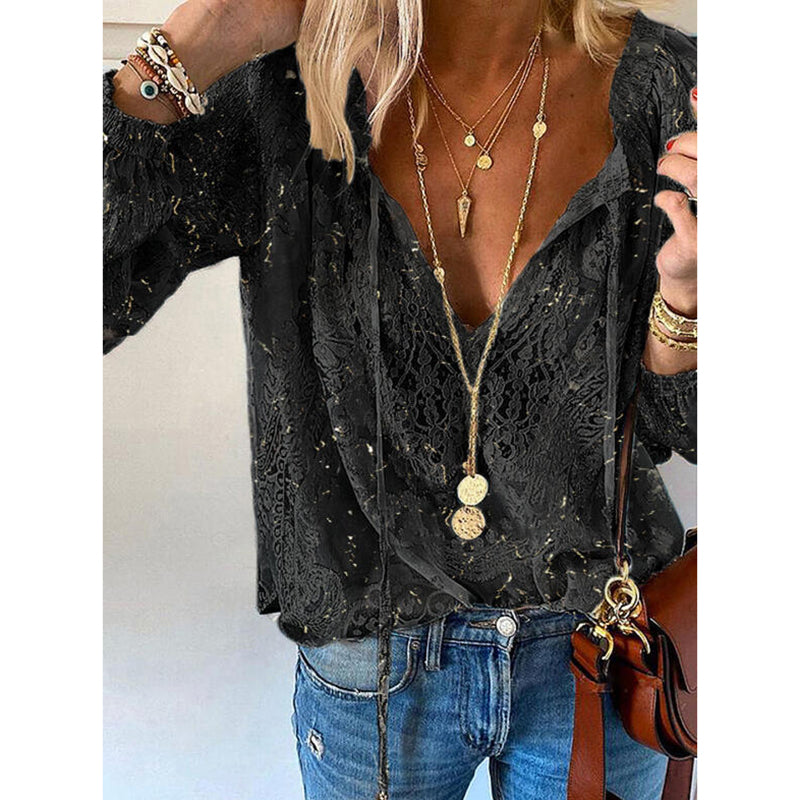 Women's Floral Embroidered Mesh Lace Blouse, Long Sleeve Boho Top, Casual Dressy Shirt