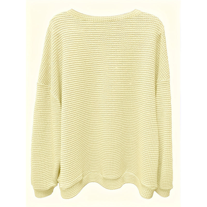 Plus Size Women's Casual V-Neck Pineapple Texture Knit Top Solid Color Long Sleeve Breathable Pullover For Spring Fall