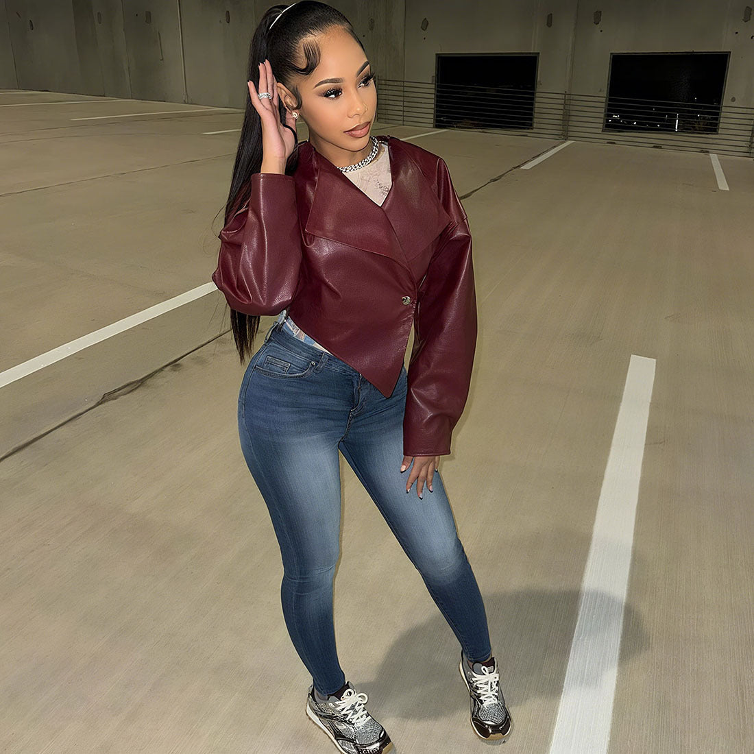 PU Leather Solid Color Casual Coat For Women