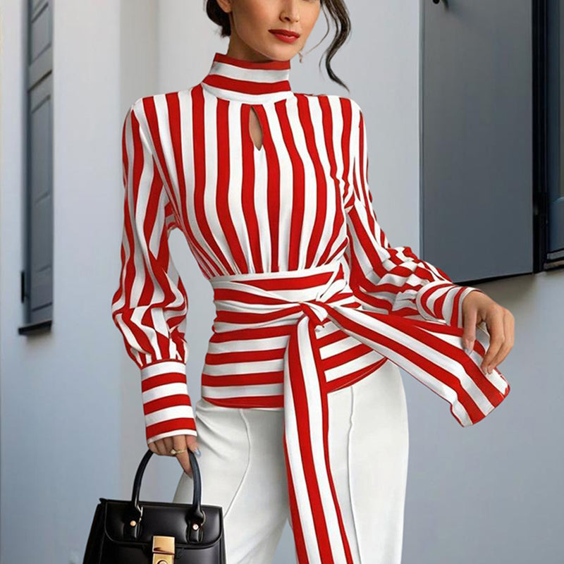 Elegant Women's Striped Tie-Waist Blouse, High Neck Long Sleeve Shirt With Cut-Out Detail