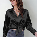 Women's Elegant Satin Lapel Shirt, Long Sleeve Button-Down Blouse For Casual And Office Wear