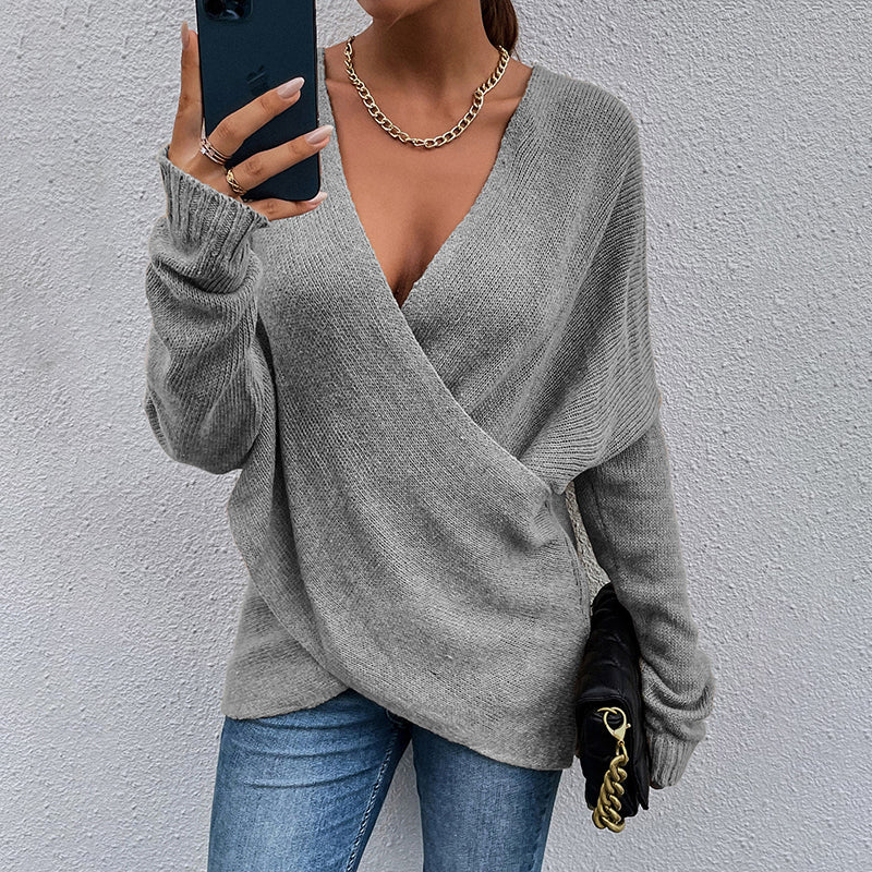 Women's Criss Cross V-Neck Sweater - 2025 Fall Long Sleeve Casual Pullover Top