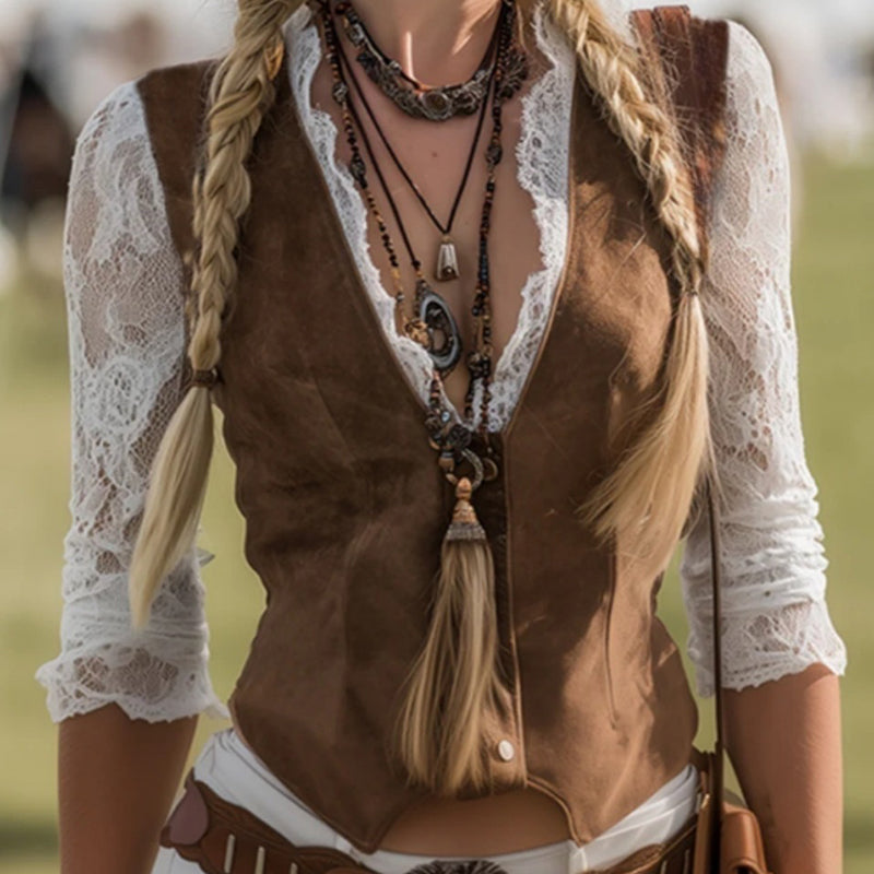 Women's Elegant Lace Trim Mock Two-Piece Blouse, Western Style V-Neck Top With Lace Sleeve For Office & Casual Wear