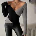 Women's Elegant V-Neck Cross Front Sweater, Color Block Knit Top For Spring And Fall Layering