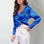 Women's Elegant Satin Lapel Shirt, Long Sleeve Button-Down Blouse For Casual And Office Wear