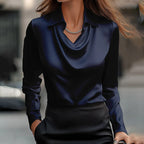 Women's Elegant Long Sleeve Blouse - Solid Color Lapel Top With Ruched Chest Detail Office & Casual Wear For Spring Fall