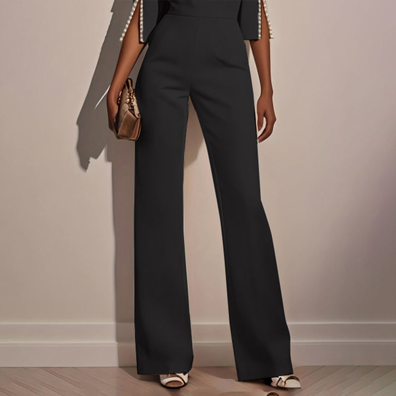 Women's Elegant Round Neck Jumpsuit - Mid-Sleeve With Side Slit Cuffs & Pearl Accents, Back Zipper Design For Casual To Formal Events