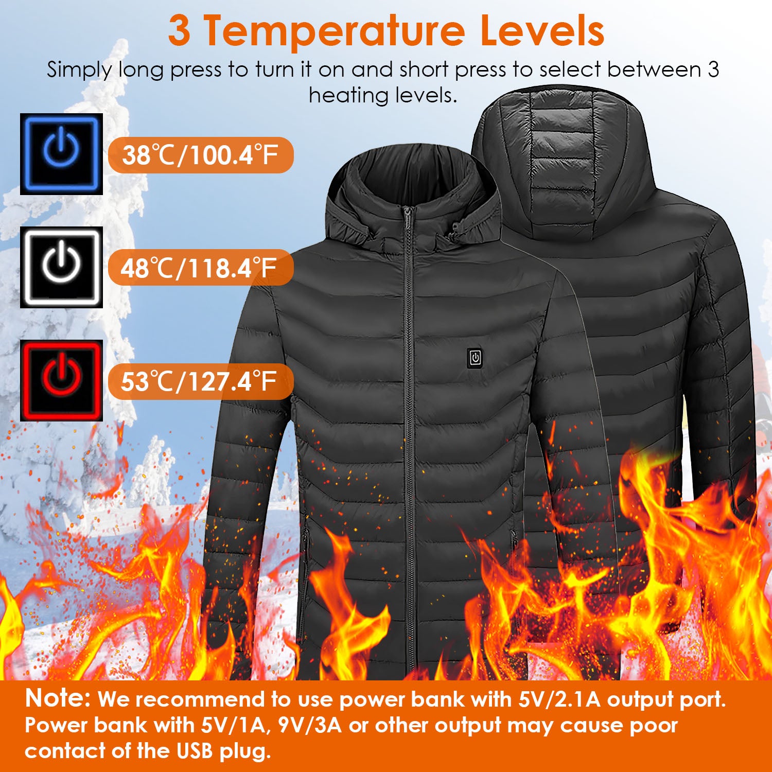 1Pc Heated Jacket Electric Heating Coat Lightweight Winter Hooded Jacket With 3-Level Heating Modes 8 Heating Zones Detachable Zipper Hood