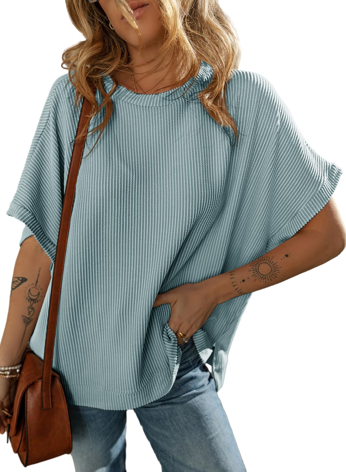 Women's Solid Color Knitted T-shirt Loose Casual Pullover