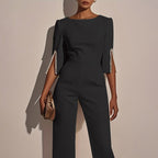 Women's Elegant Round Neck Jumpsuit - Mid-Sleeve With Side Slit Cuffs & Pearl Accents, Back Zipper Design For Casual To Formal Events