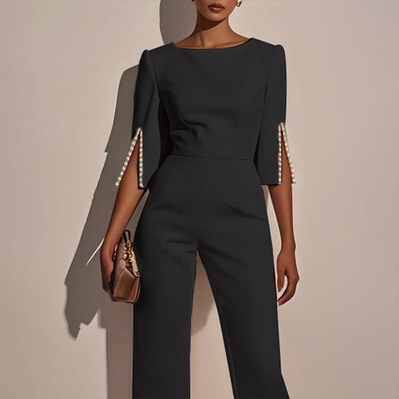 Women's Elegant Round Neck Jumpsuit - Mid-Sleeve With Side Slit Cuffs & Pearl Accents, Back Zipper Design For Casual To Formal Events