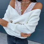 Women's Off-Shoulder Lace Trim Top, Slim Fit Long Sleeve Sexy Y2K Blouse
