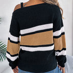Women's Cold Shoulder Sweater - Fall Color Block Long Sleeve Pullover
