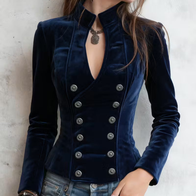 Women's Solid Color Velvet Blazer, Double-Breasted V-Collar Long Sleeve Jacket With Waist Definition